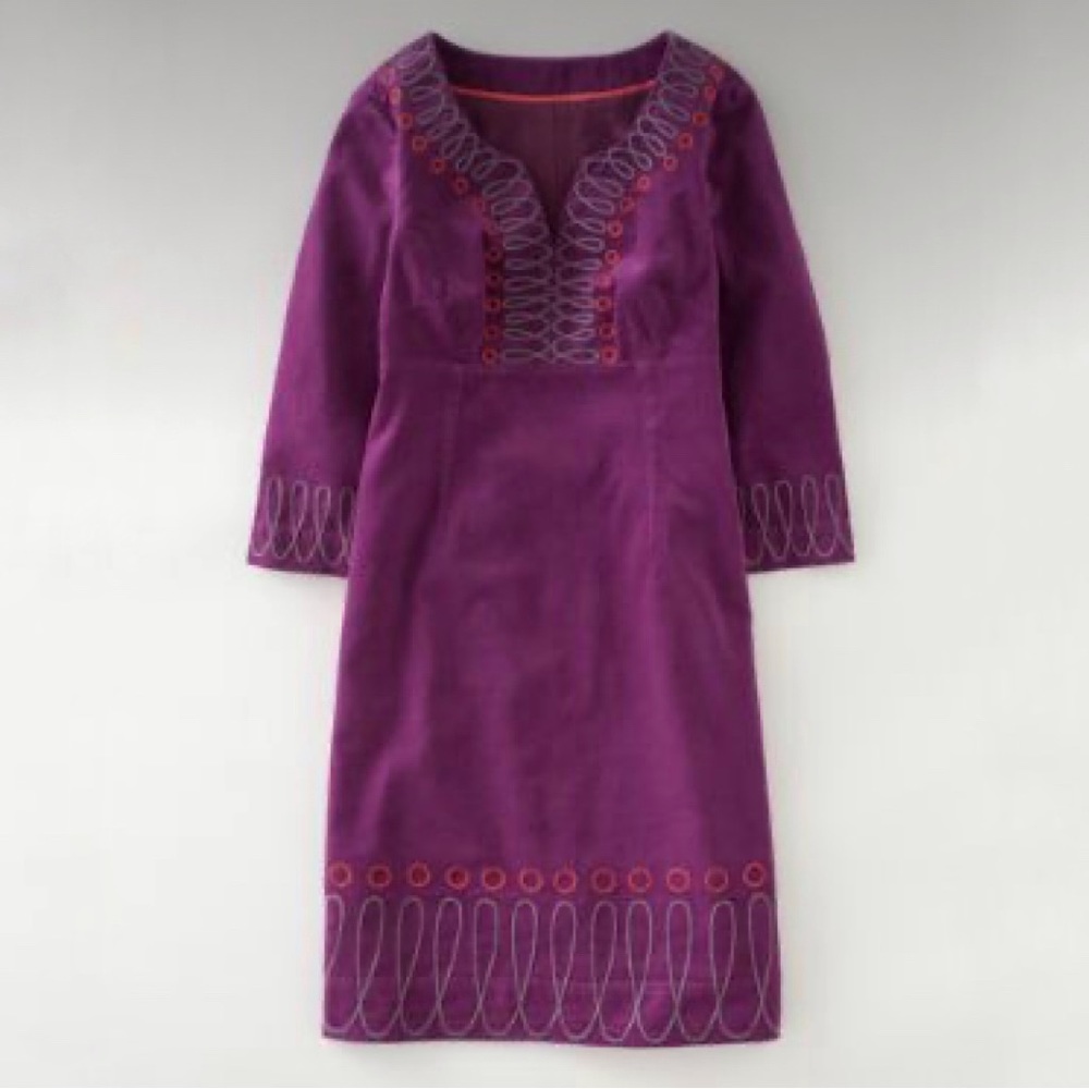 🌷 Boden Purple Embroidered Bohemian Corduroy Midi Dress Size 6L